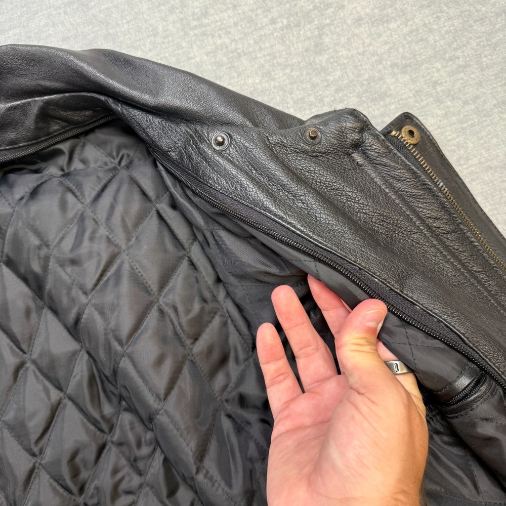 Vintage Leather Jacket Adult L/XL Black Quilt Lined Field Parka Full Zip Cinched - Picture 6 of 16